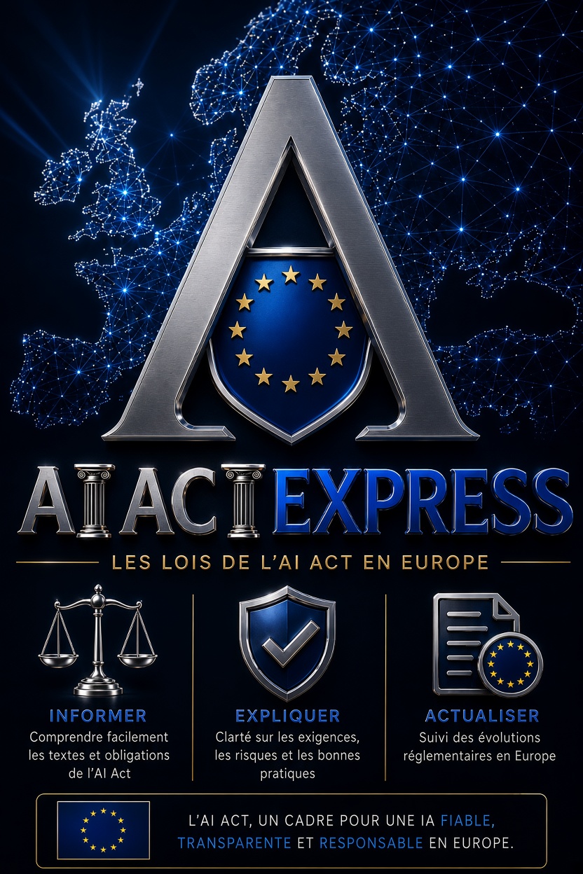 Affiche AI Act Express : l’emblème sur une carte numérique de l’Europe, et les trois piliers informer, expliquer, actualiser